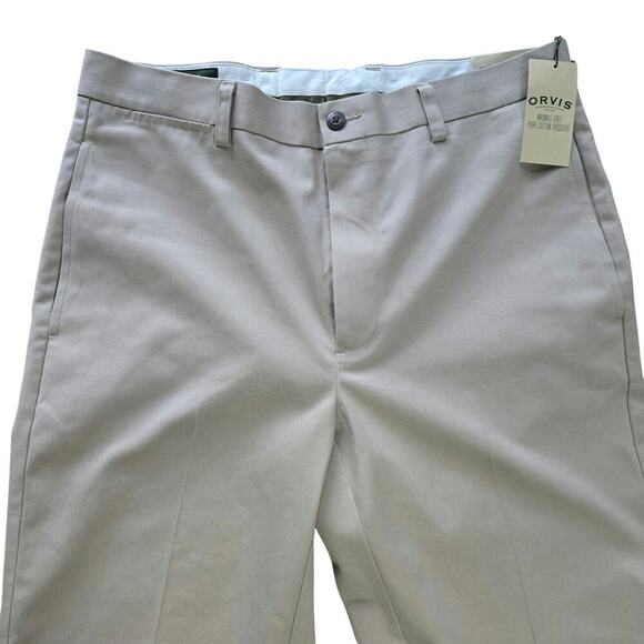 NWT Orvis Mens Wrinkle Free Pure Cotton Trousers Size 34 Khaki Flat Front Chinos - Picture 2 of 10